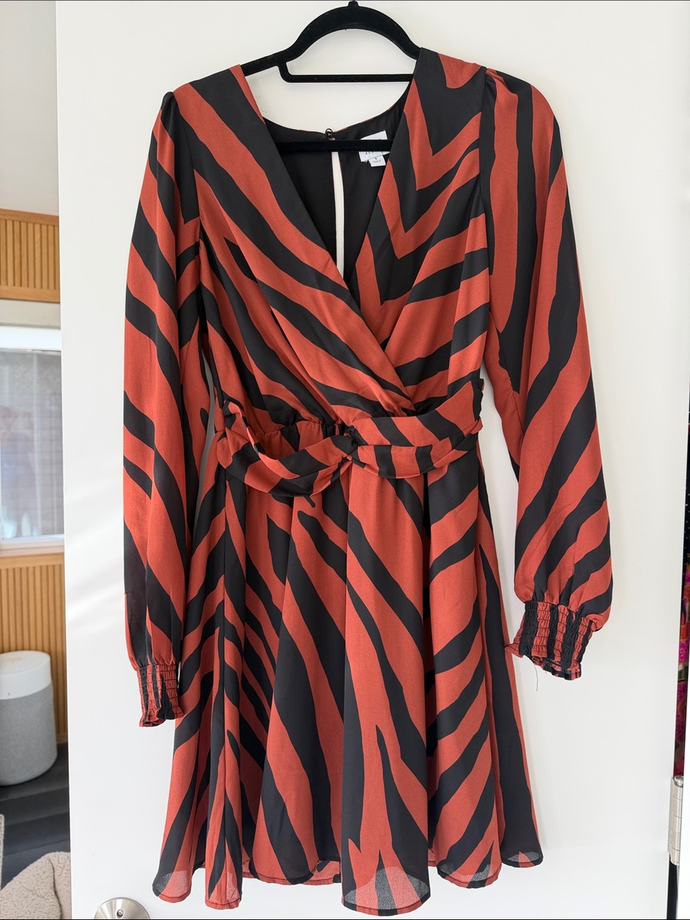Wrap-Front Long Sleeve Dress in Rust and Black Stripes